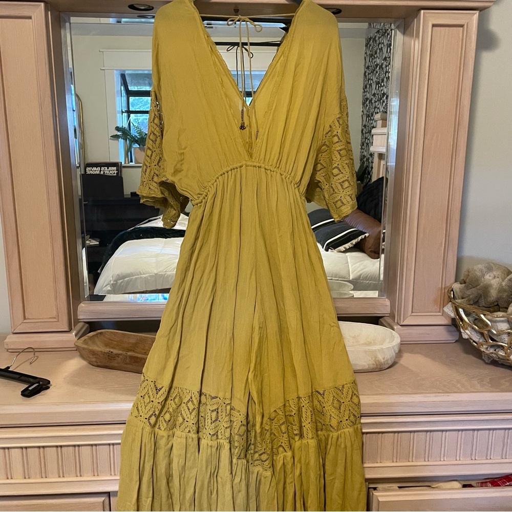 Free People Angela Jumpsuit Mustard Yellow Lace-Trim Wide-Leg Jumpsuit